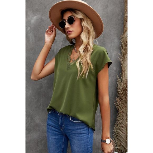 Azura Exchange  Green V Neck Lace Trim T-shirt - Picture 3 of 15